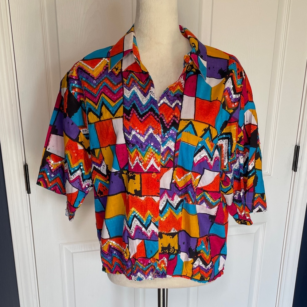 Vintage Sandy Starkman Colorful Geometric & Sequin Collared Short Sleeve Shirt